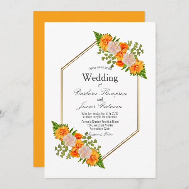 Modern Geometric Gold Blush Orange Floral Wedding Invitation (Front/Back)