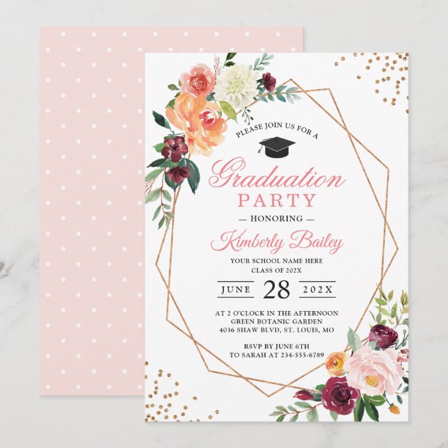 Modern Geometric Gold Frame Chic Floral Graduation Invitation (Front/Back)