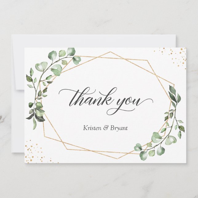 Modern Geometric Gold Frame Eucalyptus Wedding Thank You Card (Front)
