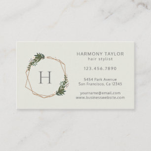 Modern Geometric Gold Frame Greenery Monogram Business Card