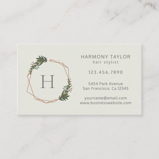 Modern Geometric Gold Frame Greenery Monogram Business Card (Front)