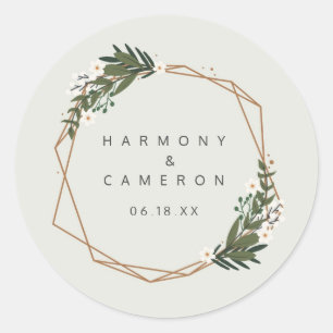 Modern Geometric Gold Frame Greenery Wedding Favou Classic Round Sticker