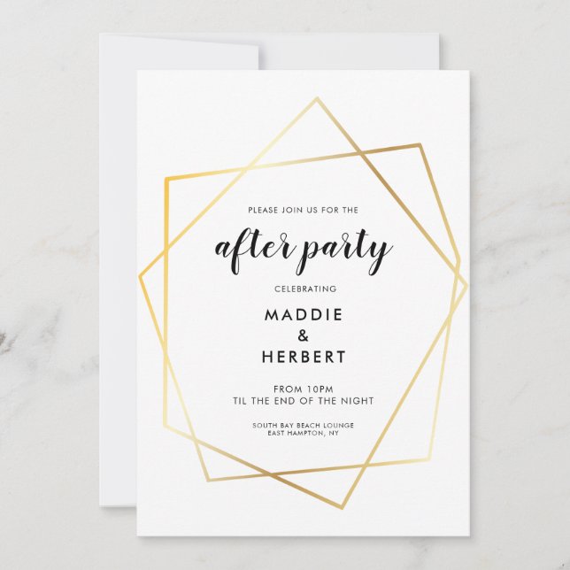 Modern geometric gold frame wedding after party invitation (Front)