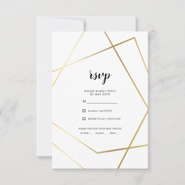 Modern geometric gold frame wedding meal choice RSVP card (Front)