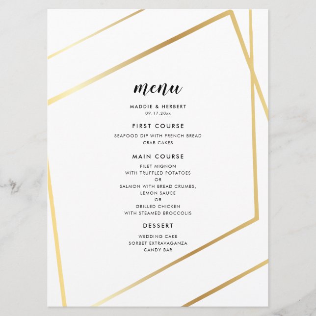 Modern geometric gold frame wedding menu (Front)