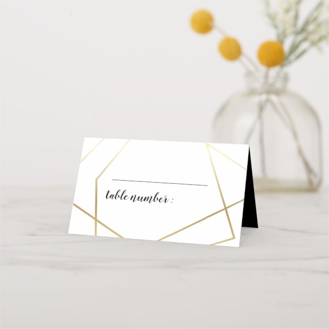 Modern geometric gold frame wedding place card (Front)