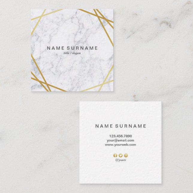 Modern Geometric Gold Marble Square Business Card (Front/Back)