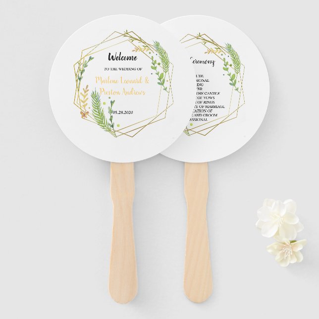 Modern Geometric golden frame  Leaves Floral Hand Fan (Front and Back)