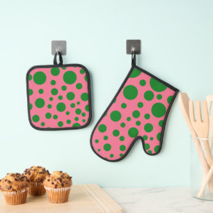 Modern Geometric Green Circles on Pink Oven Mitt & Pot Holder Set