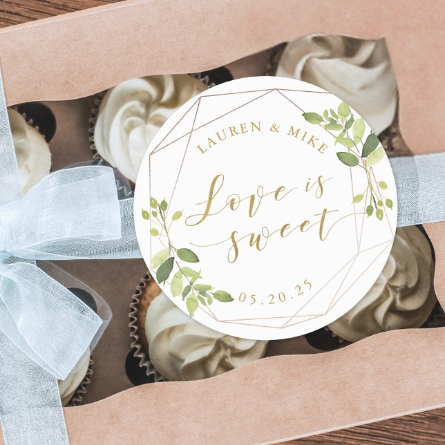 Modern Geometric Greenery Love is Sweet Wedding Classic Round Sticker (Creator Uploaded)