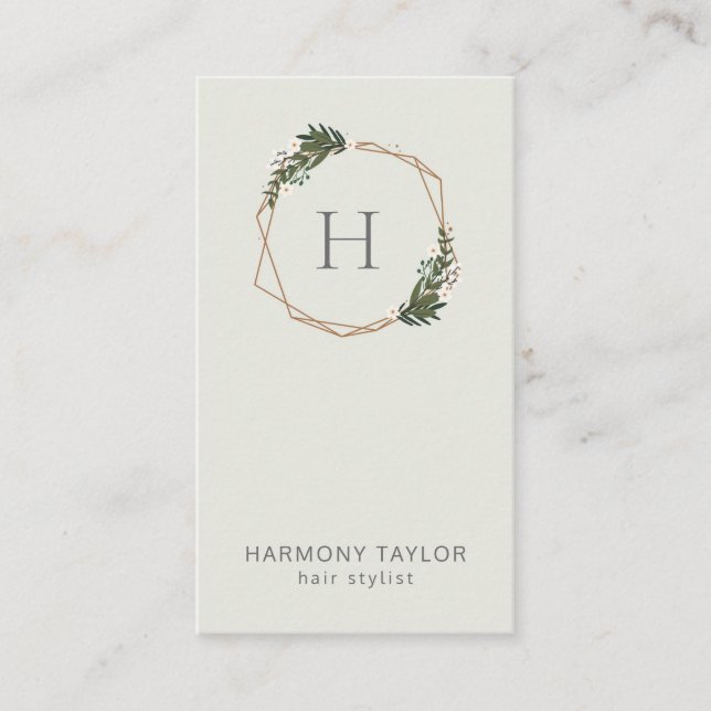 Modern Geometric Greenery Monogram Vertical Business Card (Front)