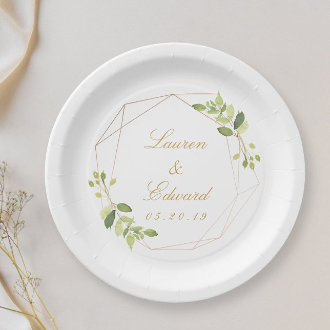 Modern Geometric Greenery Personalised Wedding Paper Plate (Creator Uploaded)