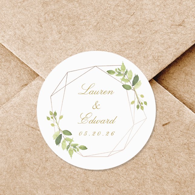 Modern Geometric Greenery Wedding Save the Date Classic Round Sticker (Creator Uploaded)