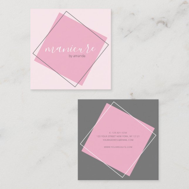 Modern geometric grey & pink manicure square business card (Front/Back)
