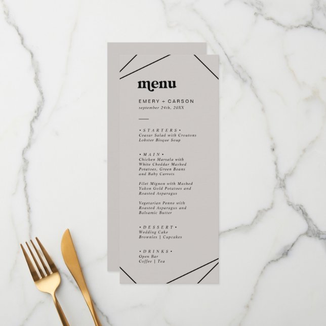Modern Geometric | Grey Wedding Dinner Menu (Front/Back In Situ)