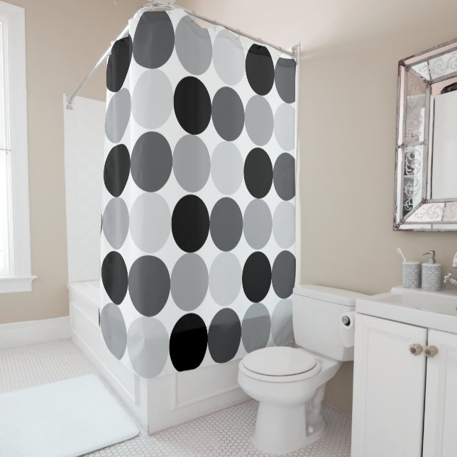 Modern Geometric Grey & White Monochrome Circle Shower Curtain (In Situ)
