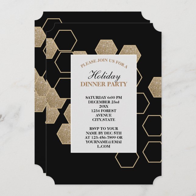 modern geometric hexagon black and gold party invitation (Front/Back)