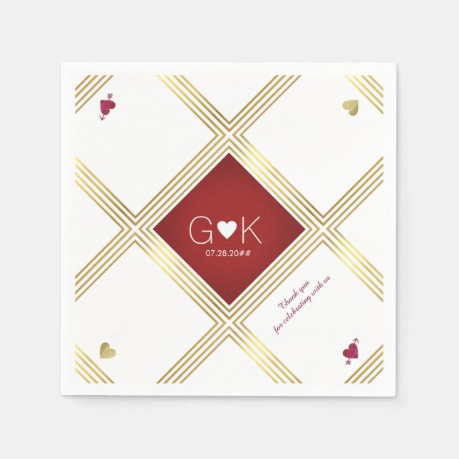 modern & geometric lines with red monogram wedding napkin (Front)