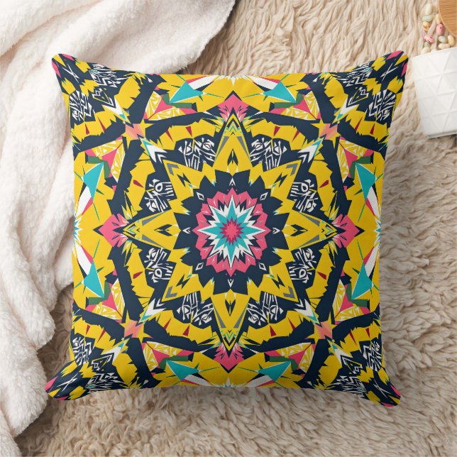 Modern geometric mandala yellow navy pattern cushion (Blanket)