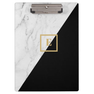 Modern Geometric Marble/Black Monogram Clipboard