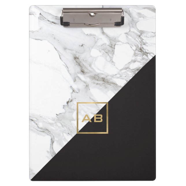 Modern Geometric Marble/Black Monogram Logo Clipboard (Front)