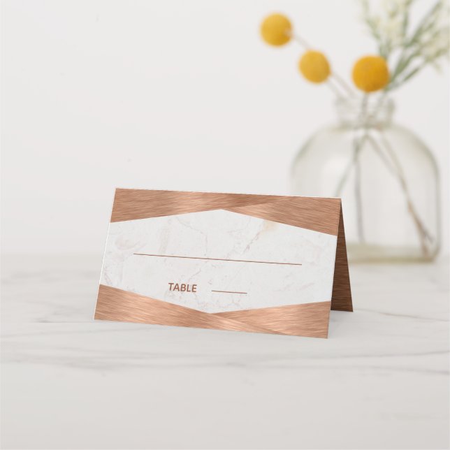 Modern Geometric Marble Copper Calligraphy Wedding Place Card (Front)