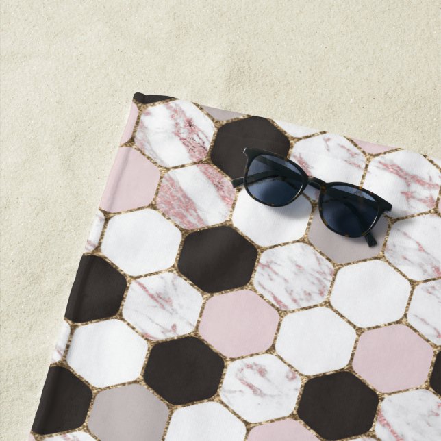 Modern Geometric Marble Hexagon Pattern Beach Towel (In Situ)