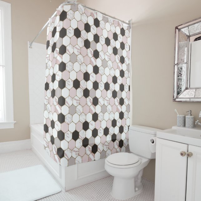 Modern Geometric Marble Hexagon Pattern Shower Curtain (In Situ)