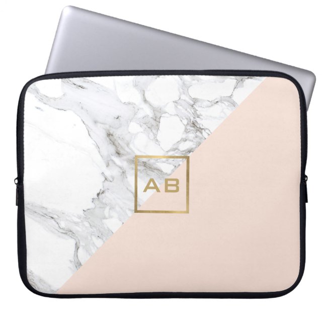 Modern Geometric Marble/Pink Monogram Logo Laptop Sleeve (Front)