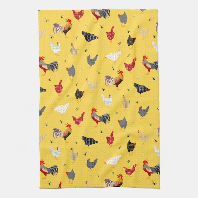 Modern Geometric Memphis style Chicken Farm Tea Towel (Vertical)