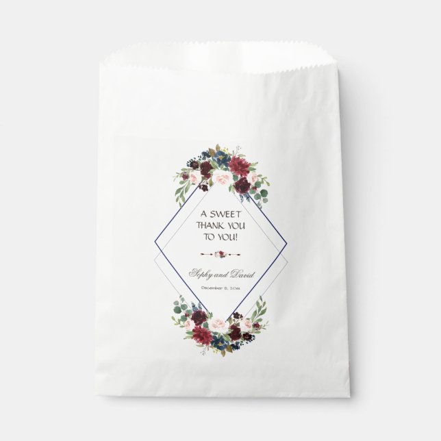 Modern Geometric Merlot Navy Blue Floral THANK YOU Favour Bags (Front)