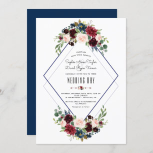 Modern Geometric Merlot Navy Blue Floral Wedding Invitation