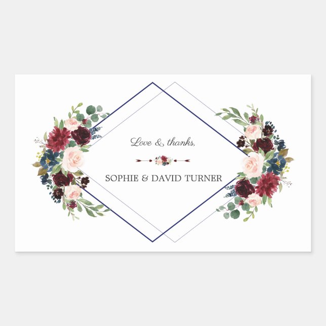 Modern Geometric Merlot Navy Blue Floral Wedding Rectangular Sticker (Front)