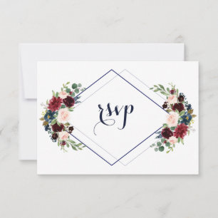 Modern Geometric Merlot Navy Blue Floral Wedding RSVP Card