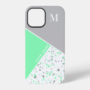 Modern Geometric Mint Green Grey Terrazzo Monogram iPhone 12 Case