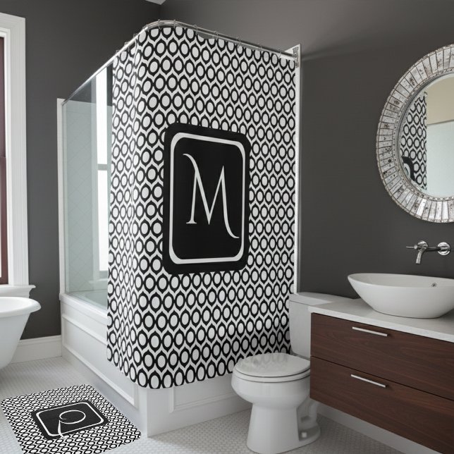 Modern Geometric Monogram Black White Shower Curtain (Creator Uploaded)