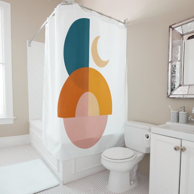 Modern Geometric Moon Abstract Art Shower Curtain (In Situ)