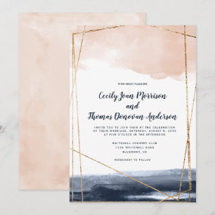 Modern Geometric Navy Blue, Peach Wash, and Gold Invitation