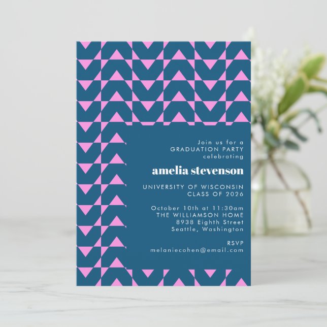 Modern Geometric Navy Pink Graduation Party Photo Invitation (Standing Front)