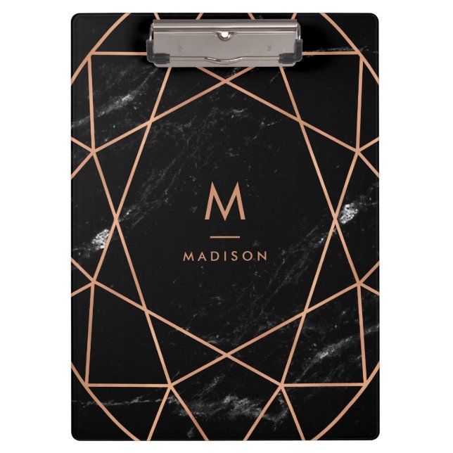 Modern Geometric on Black Marble Look Clipboard (Front)