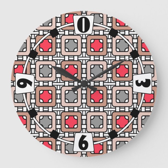 modern geometric pattern art deco grey red, beige  large clock (Front)