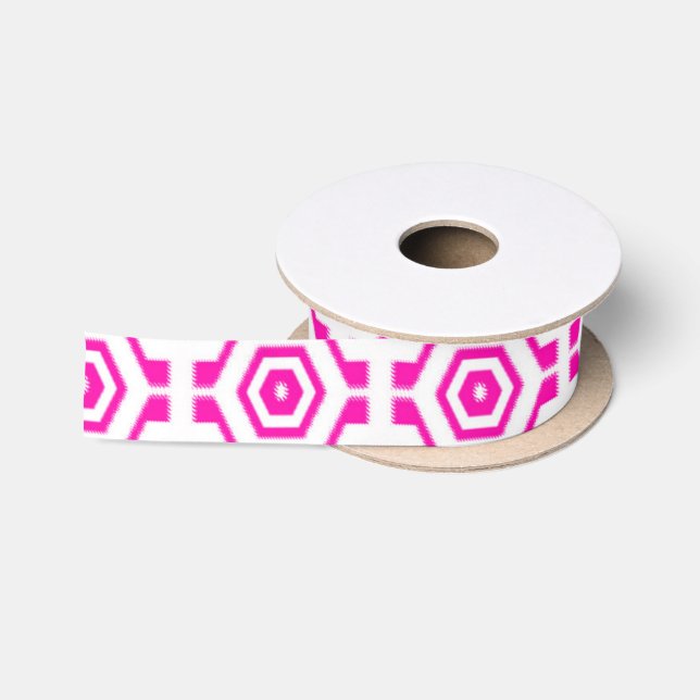 Modern Geometric Pattern Hexagons Hot Pink White Satin Ribbon (Spool)