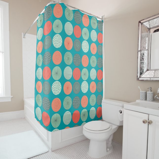 Modern Geometric Pattern Mint Green Orange  Shower Curtain (In Situ)