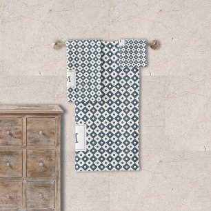 Modern Geometric Pattern Monogrammed   Slate Blue Bath Towel Set