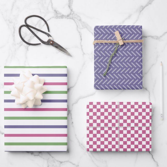 Modern geometric patterns in blue, green, purple wrapping paper sheet (Front)