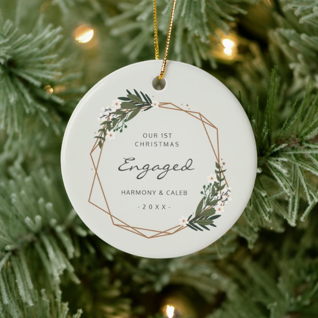 Modern Geometric Photo Our First Christmas Engaged Ceramic Tree Decoration (Tree)