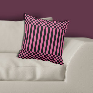 Modern Geometric Pink & Black Stripes & Chequered Cushion
