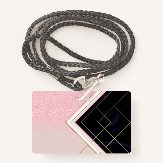 Modern Geometric Pink Gold Strokes Design ID Badge (Front with Lanyard)