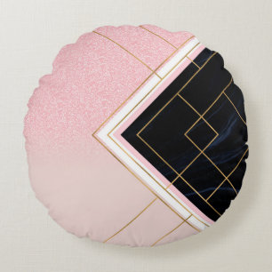 Modern Geometric Pink Gold Strokes Design Round Cushion