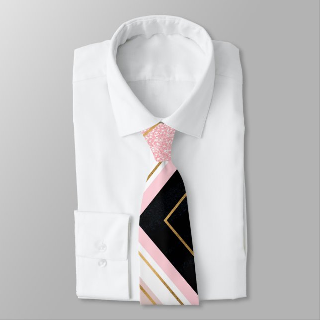 Modern Geometric Pink Gold Strokes Design Tie (Tied)